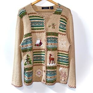 Vintage Crystal Kobe Holiday Novelty Cardigan Embroidered Beaded Appliqué L